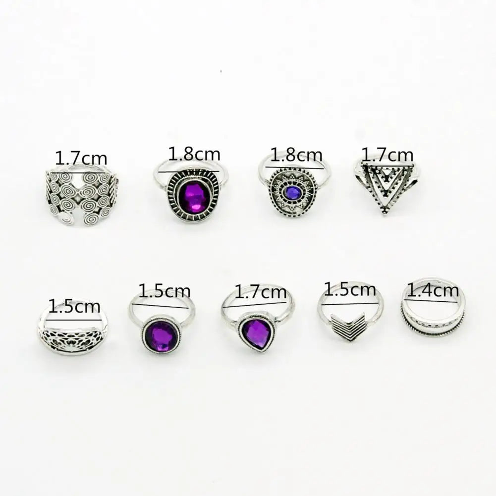 9Pcs/set Water Drop Stackable Knuckle Rings Alloy Bohemia Purple Faux Gem Finger Rings Jewelry Accessory