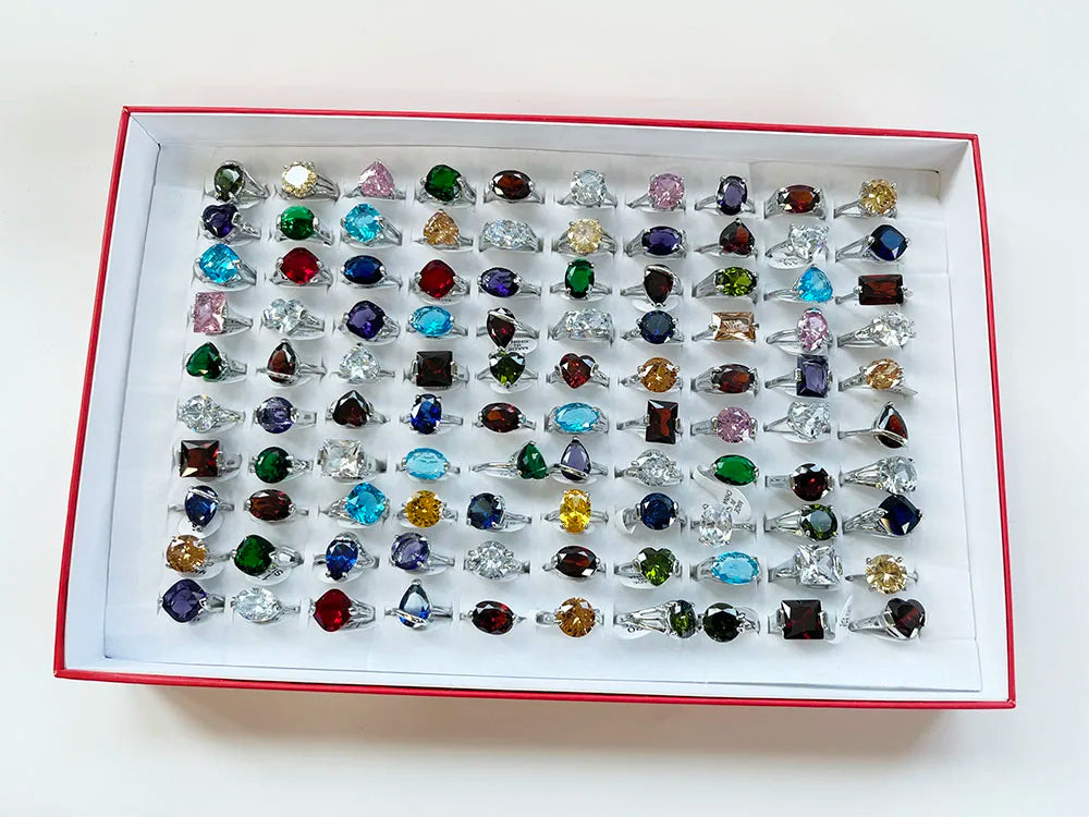 50 Pcs Classic Colorful Gems Crystal Zircon Silver Plated Rings For Women Rhinestone Jewelry Bulk Lots LR034