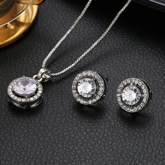 European and American Classic Zircon Necklace Stud Earrings Elegant Bride Wedding Engagement Jewelry Set Birthday Gift for Wife