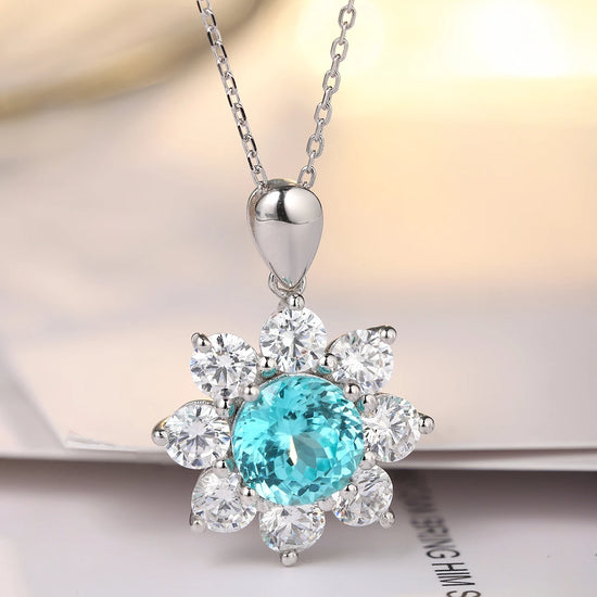 Luxury Style Flower Design RD Shape Pendant Sterling Silver Jewelry Paraiba Charm Silver S925 Necklace Women Birthday Gift