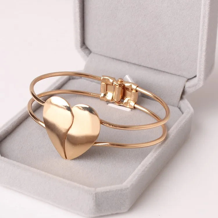 Korean Fashion Personality Jewelry Frosted Heart-shaped Glossy Double Heart Gold Bracelet Valentine's Day Gift For Women