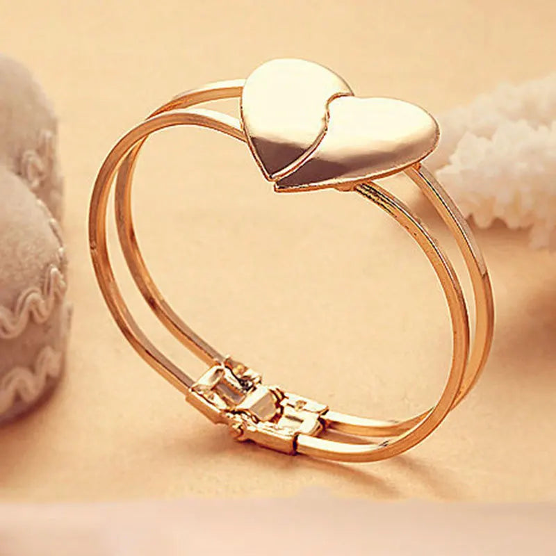 Korean Fashion Personality Jewelry Frosted Heart-shaped Glossy Double Heart Gold Bracelet Valentine's Day Gift For Women