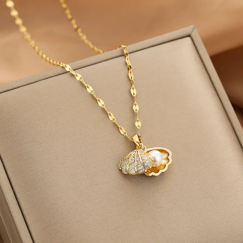 【Copper Micro-Inlaid Zircon】Luxury Fashion Double Shell Pearl Pendant Necklace for Women Banquet Party Jewelry Birthday Gift