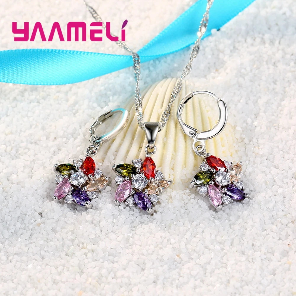 925 Sterling Silver Color Pendant Necklace Earrings Romantic Ethnic Style Windmill Shape Colorful/White Crystal Stone For Girl