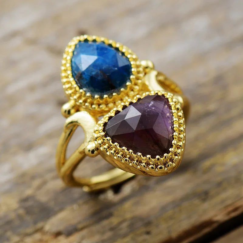 Classy Gold Plated 2 Stones Brass Cocktail Finger Rings Adjustable Natural Stone Ring Designer Gems Jewelry