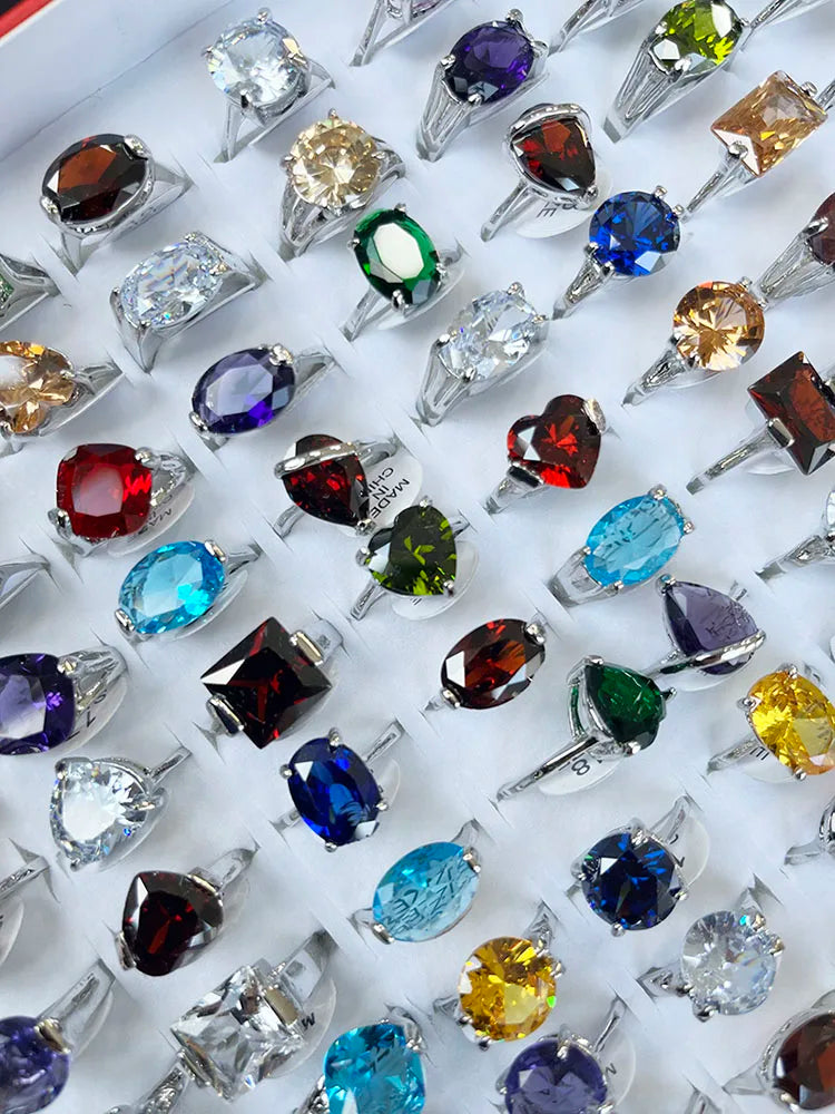50 Pcs Classic Colorful Gems Crystal Zircon Silver Plated Rings For Women Rhinestone Jewelry Bulk Lots LR034
