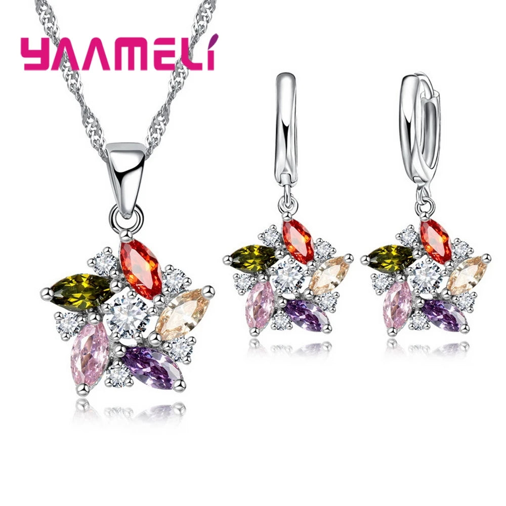 925 Sterling Silver Color Pendant Necklace Earrings Romantic Ethnic Style Windmill Shape Colorful/White Crystal Stone For Girl