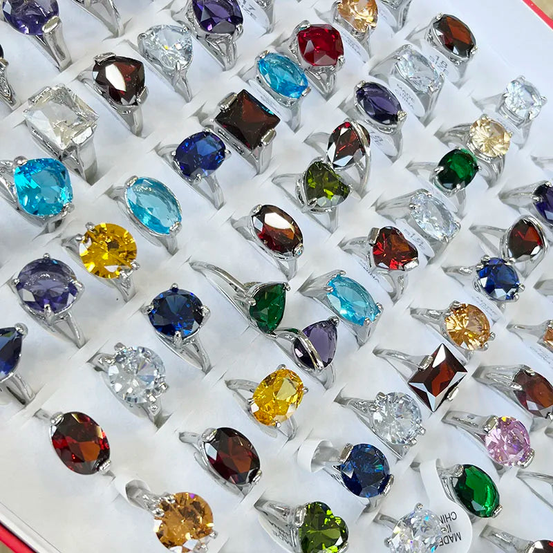 50 Pcs Classic Colorful Gems Crystal Zircon Silver Plated Rings For Women Rhinestone Jewelry Bulk Lots LR034