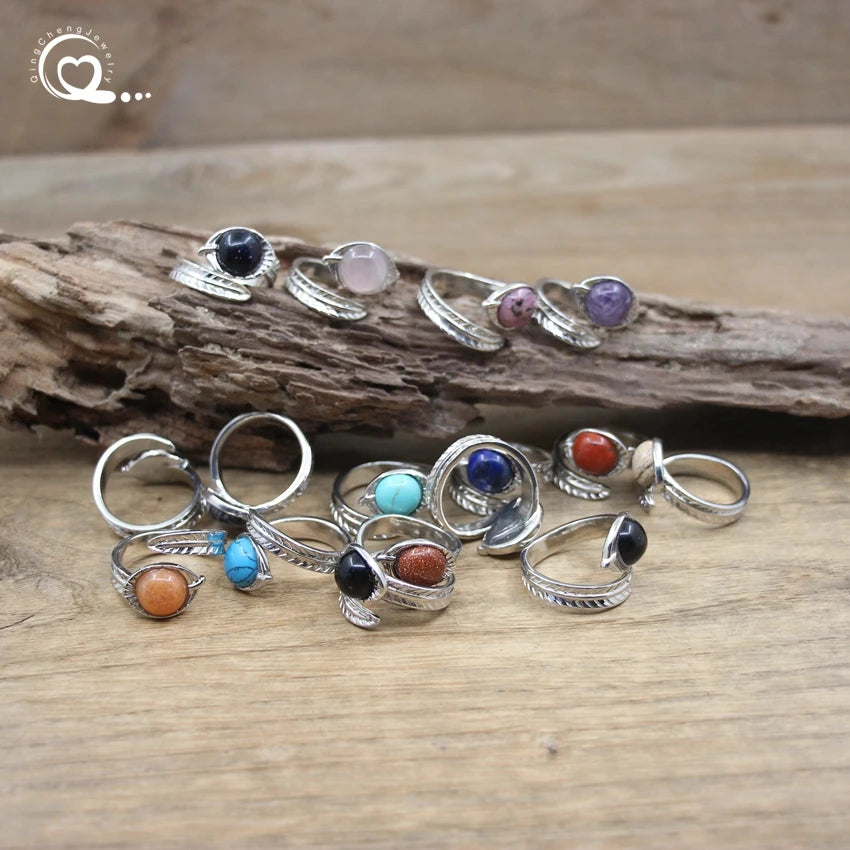 Carved Leaf Ntuaral Gems Stone Open Ring Reiki Healing Crystal Quartz Amethysts Lapis Round Adjustable Ring Women Jewelry,QC4063