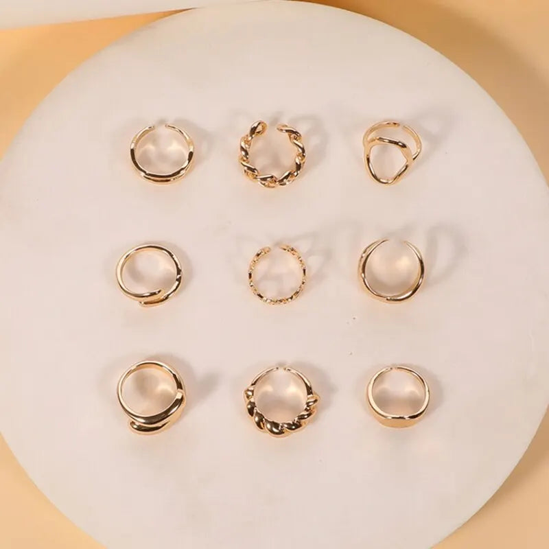 9pcs Gold Plated Alloy Ring For Men And Women Adjustable Ring Circumference Trendy Holiday Gift