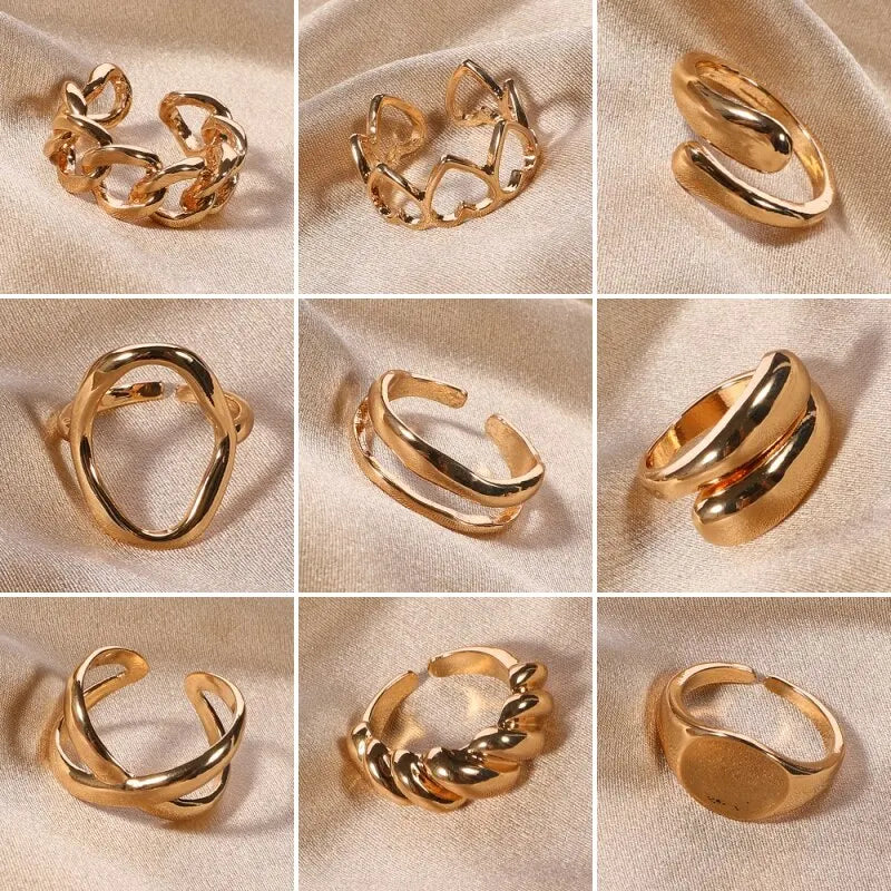 9pcs Gold Plated Alloy Ring For Men And Women Adjustable Ring Circumference Trendy Holiday Gift