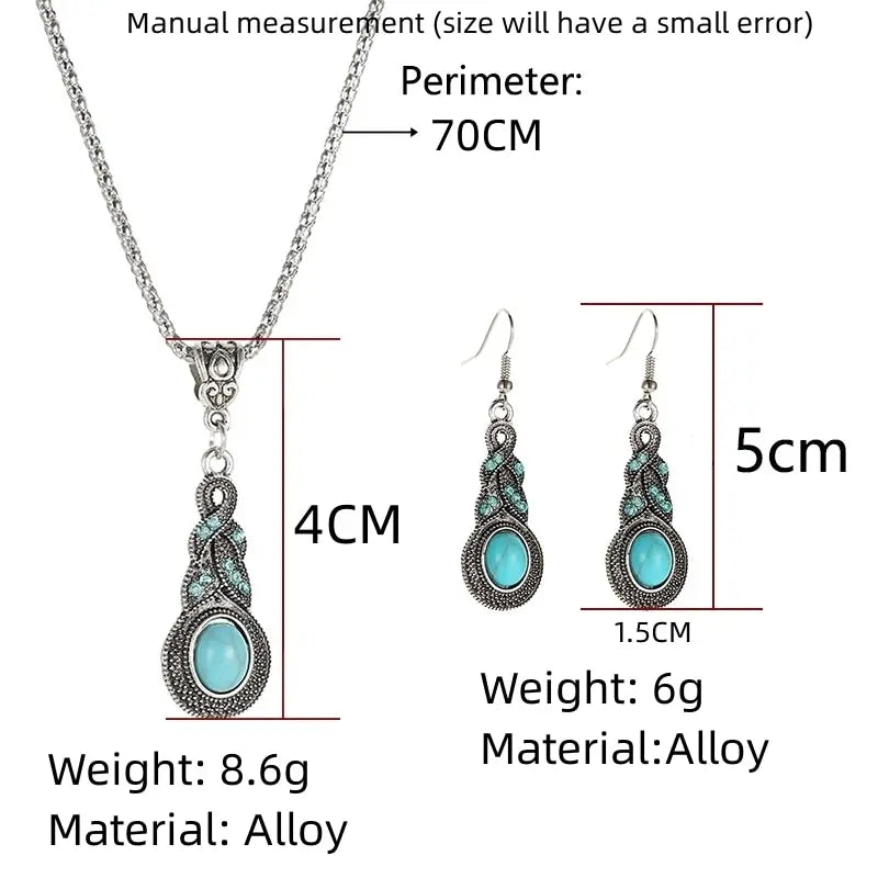 3pcs Necklace Earrings Set For Men And Women Vintage Style Blue Crystal Inlaid Turquoise Pendant With Lantern Chain Jewelry