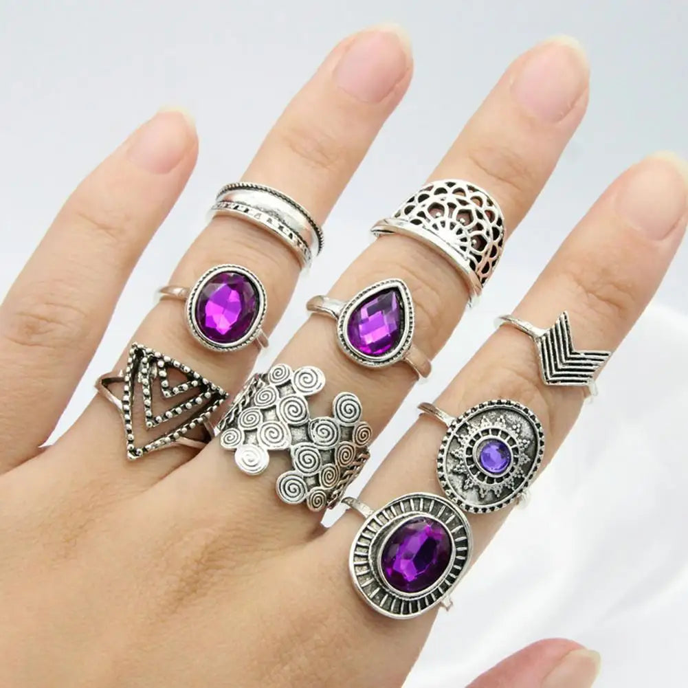 9Pcs/set Water Drop Stackable Knuckle Rings Alloy Bohemia Purple Faux Gem Finger Rings Jewelry Accessory