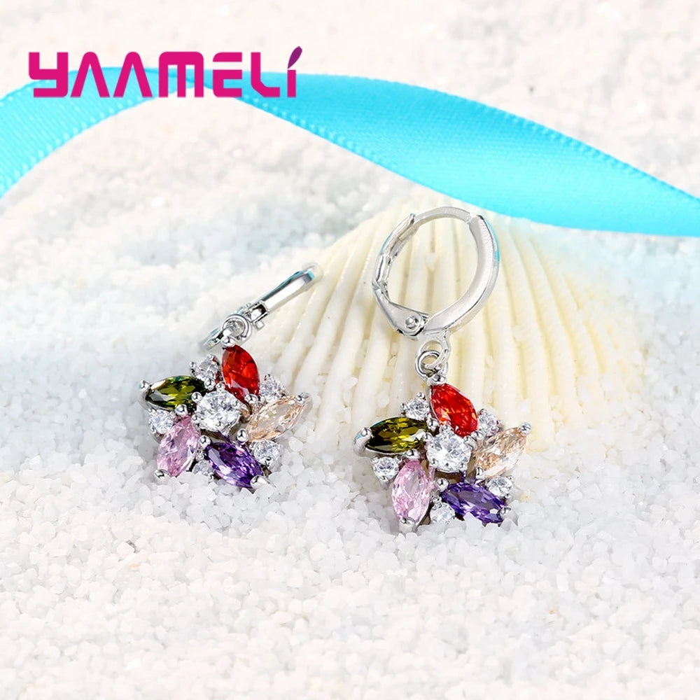 925 Sterling Silver Color Pendant Necklace Earrings Romantic Ethnic Style Windmill Shape Colorful/White Crystal Stone For Girl