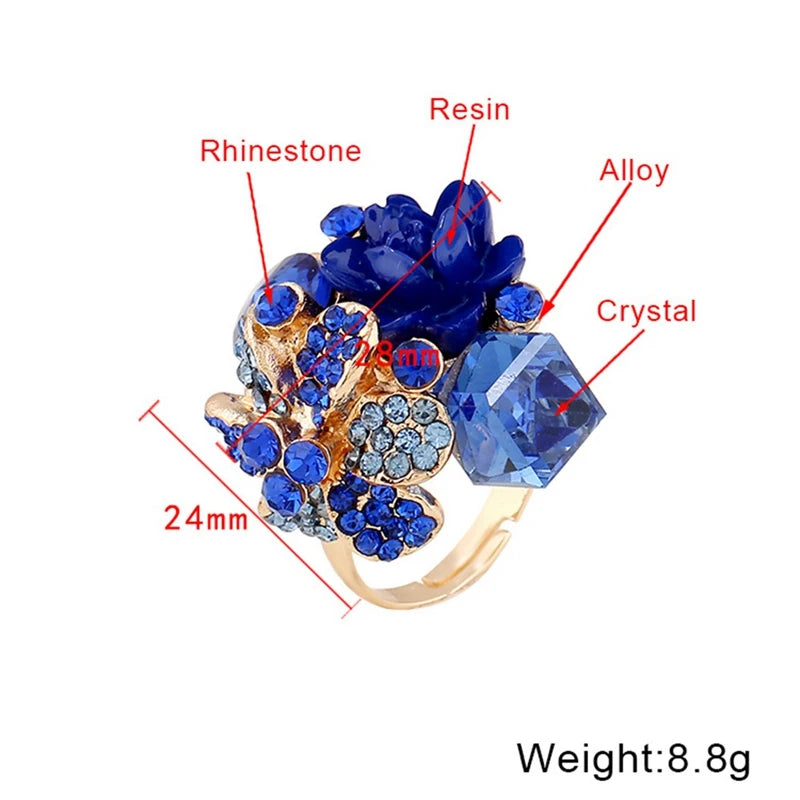 Colorful Crystal Gem Adjustable Opening Rings New Fashion Anti Allergic Resin Flower Ring For Woman Gift