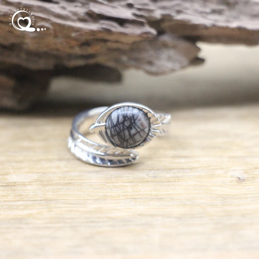 Carved Leaf Ntuaral Gems Stone Open Ring Reiki Healing Crystal Quartz Amethysts Lapis Round Adjustable Ring Women Jewelry,QC4063