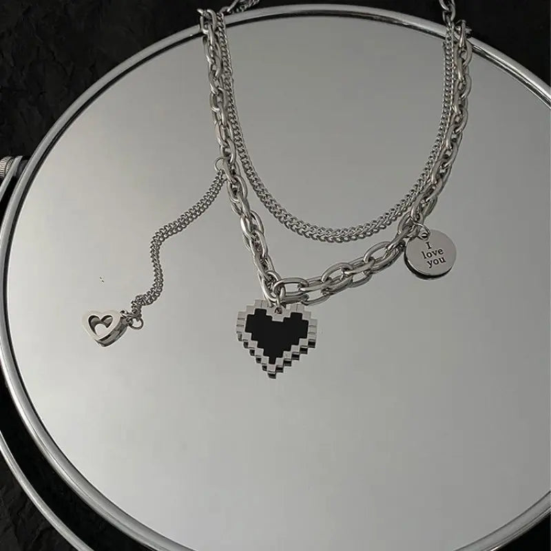 2PCS White Gold-plated Necklace Trampoline Hip Hop Style Mosaic Heart Alloy Round Pendant Jewelry