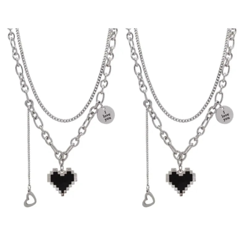 2PCS White Gold-plated Necklace Trampoline Hip Hop Style Mosaic Heart Alloy Round Pendant Jewelry