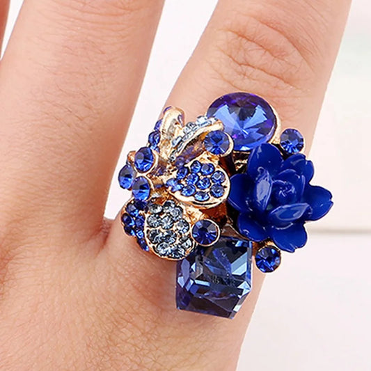 Colorful Crystal Gem Adjustable Opening Rings New Fashion Anti Allergic Resin Flower Ring For Woman Gift