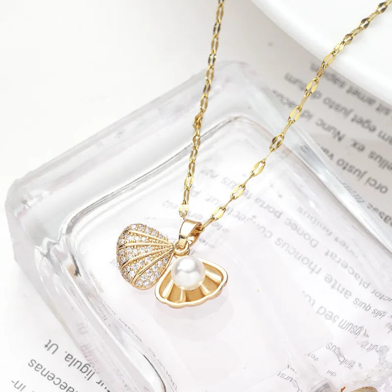 【Copper Micro-Inlaid Zircon】Luxury Fashion Double Shell Pearl Pendant Necklace for Women Banquet Party Jewelry Birthday Gift