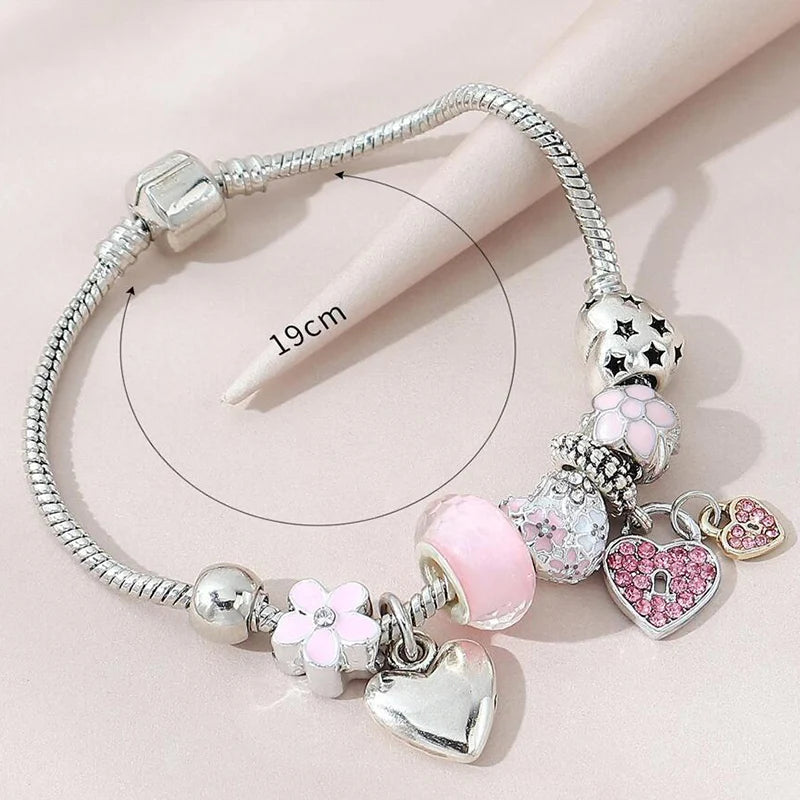 Obega Summer Love Heart Pendant Charm Bracelet Classic Pink White Crystal Stone Adjustable Bead Bracelet Silver Gold Color