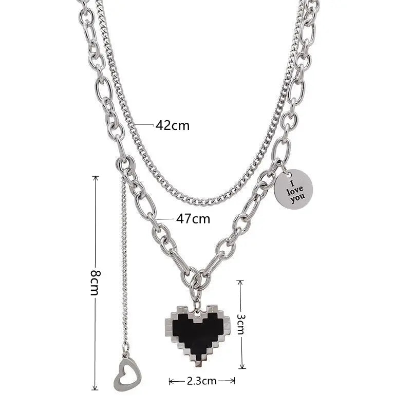 2PCS White Gold-plated Necklace Trampoline Hip Hop Style Mosaic Heart Alloy Round Pendant Jewelry