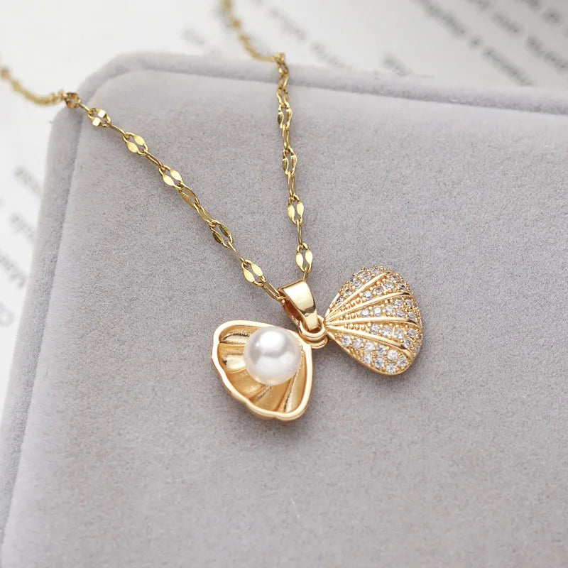 【Copper Micro-Inlaid Zircon】Luxury Fashion Double Shell Pearl Pendant Necklace for Women Banquet Party Jewelry Birthday Gift