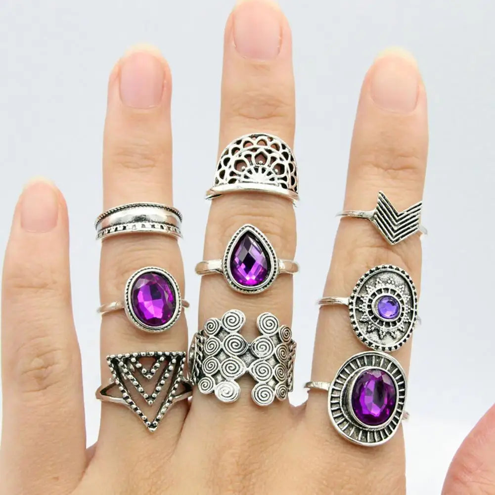 9Pcs/set Water Drop Stackable Knuckle Rings Alloy Bohemia Purple Faux Gem Finger Rings Jewelry Accessory