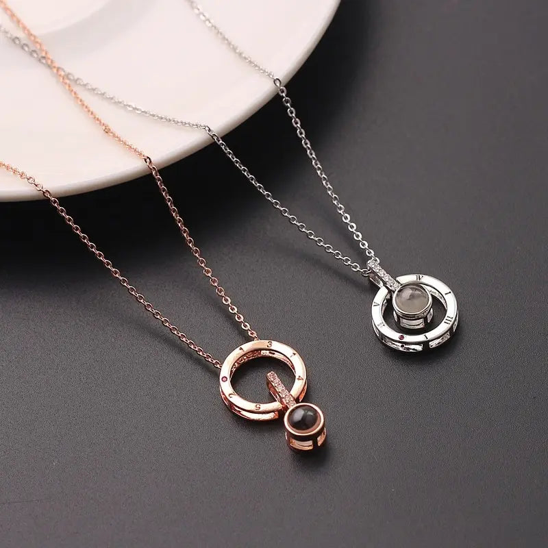 2pcs Gold-color Plus Silver-plated Necklace Men And Women Couples Souvenir 100 Languages I Love You Memory Projection Pendant
