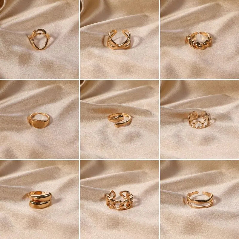 9pcs Gold Plated Alloy Ring For Men And Women Adjustable Ring Circumference Trendy Holiday Gift
