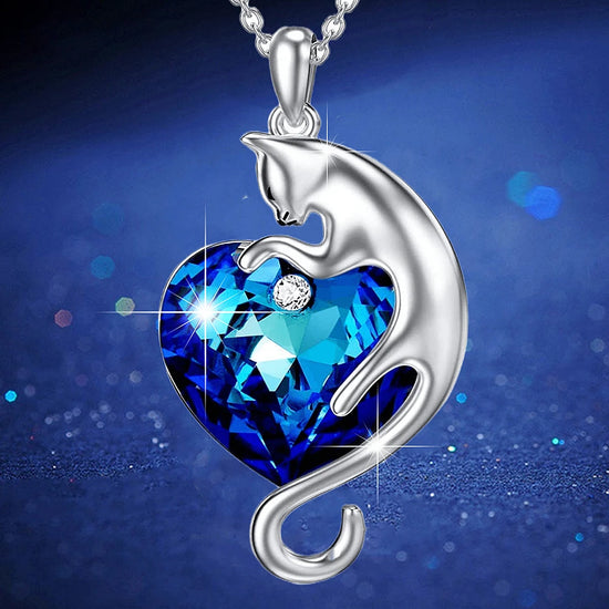 Korean Fashion Cat Silver Plate Animal Pendant Necklace for Women Heart Bule Crystal Kitten Cat Jewelry Birthday Gifts for Women