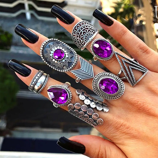 9Pcs/set Water Drop Stackable Knuckle Rings Alloy Bohemia Purple Faux Gem Finger Rings Jewelry Accessory