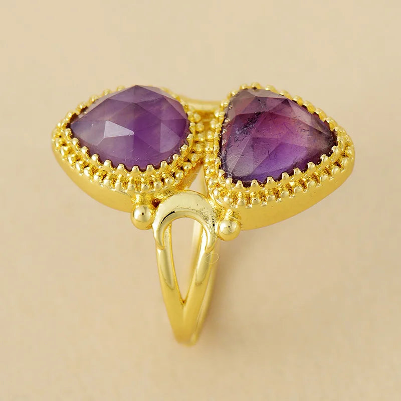 Classy Gold Plated 2 Stones Brass Cocktail Finger Rings Adjustable Natural Stone Ring Designer Gems Jewelry