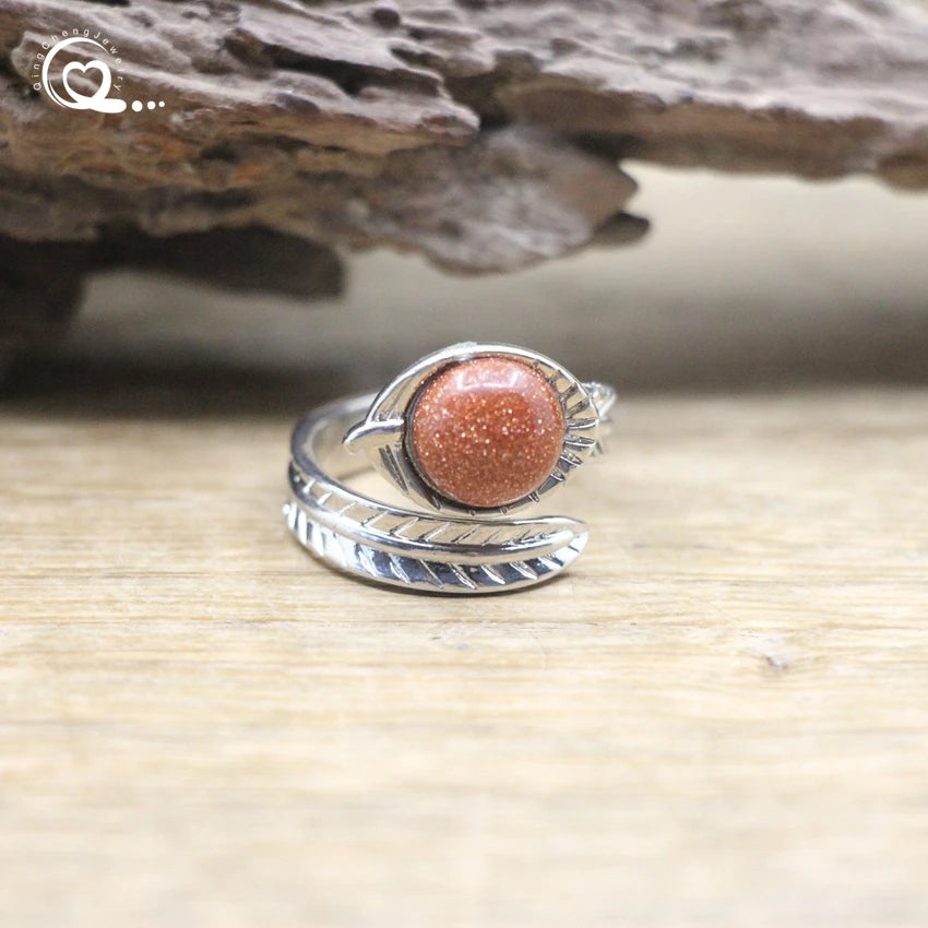 Carved Leaf Ntuaral Gems Stone Open Ring Reiki Healing Crystal Quartz Amethysts Lapis Round Adjustable Ring Women Jewelry,QC4063