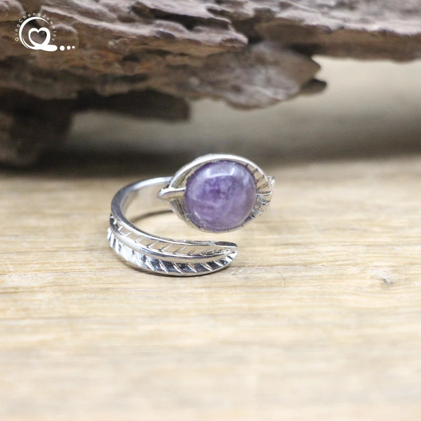Carved Leaf Ntuaral Gems Stone Open Ring Reiki Healing Crystal Quartz Amethysts Lapis Round Adjustable Ring Women Jewelry,QC4063