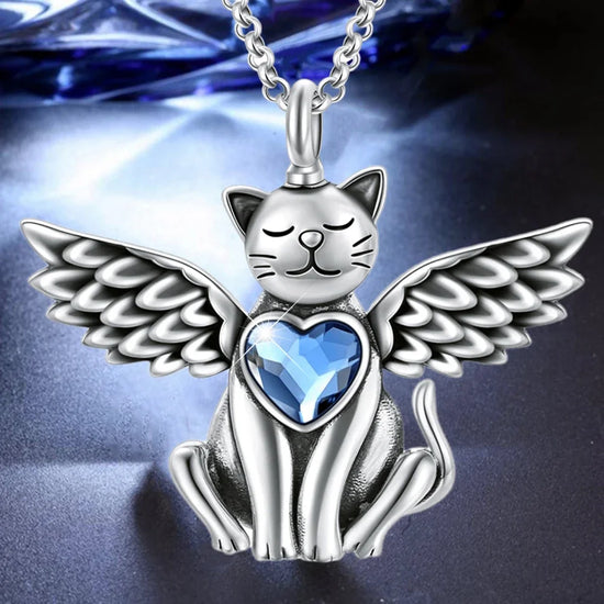 Retro Love Blue Crystal Cat Kitten Necklace for Womem Wing Pet Cat Pendant Jewelry Birthday Gift Memorial Jewelry Gift for Women