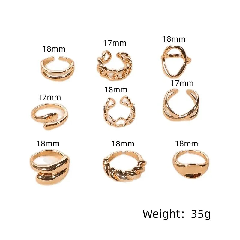 9pcs Gold Plated Alloy Ring For Men And Women Adjustable Ring Circumference Trendy Holiday Gift