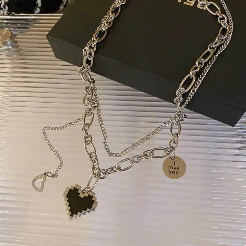 2PCS White Gold-plated Necklace Trampoline Hip Hop Style Mosaic Heart Alloy Round Pendant Jewelry