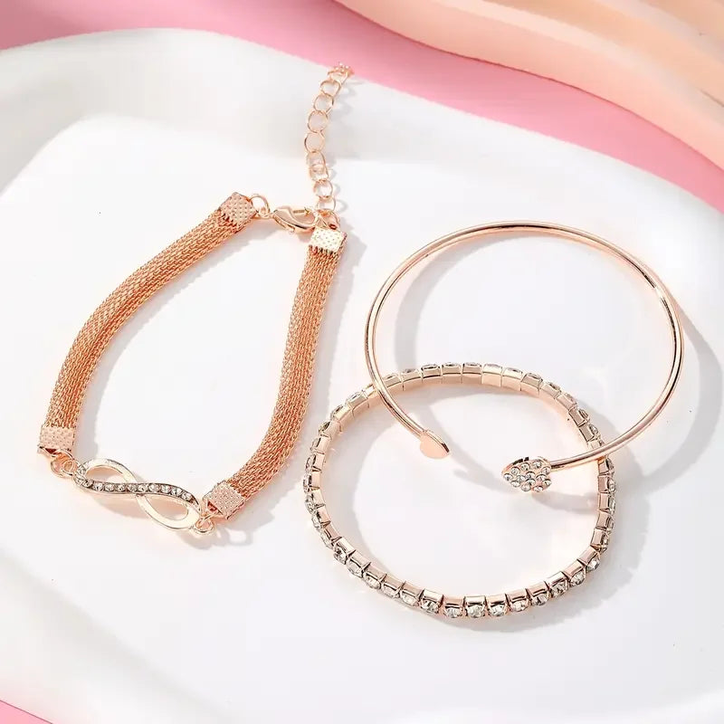 3pcs/Set Vintage Crystal Rhinestone Heart Bracelets for Women Fashion Geometric Adjustable Infinity Cuff Bangle Jewelry Gifts