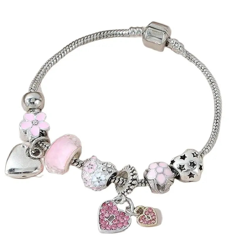 Obega Summer Love Heart Pendant Charm Bracelet Classic Pink White Crystal Stone Adjustable Bead Bracelet Silver Gold Color
