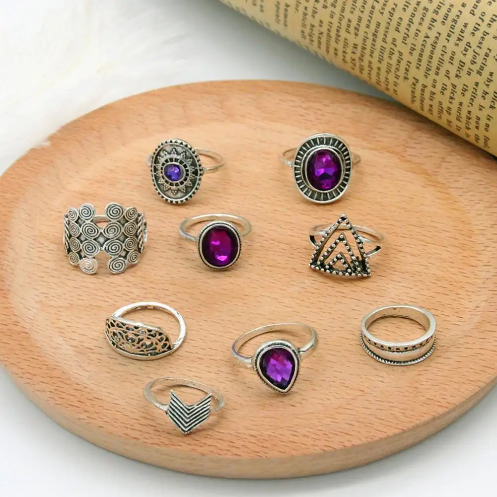 9Pcs/set Water Drop Stackable Knuckle Rings Alloy Bohemia Purple Faux Gem Finger Rings Jewelry Accessory